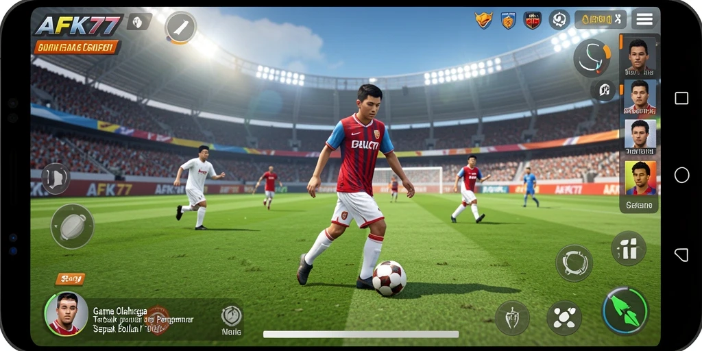Tampilan utama gameplay AFK77 menunjukkan aksi seru di lapangan sepak bola.