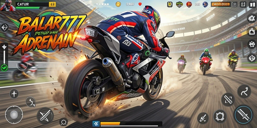 Screenshot permainan CATUR777 dengan aksi balapan motor yang intens.
