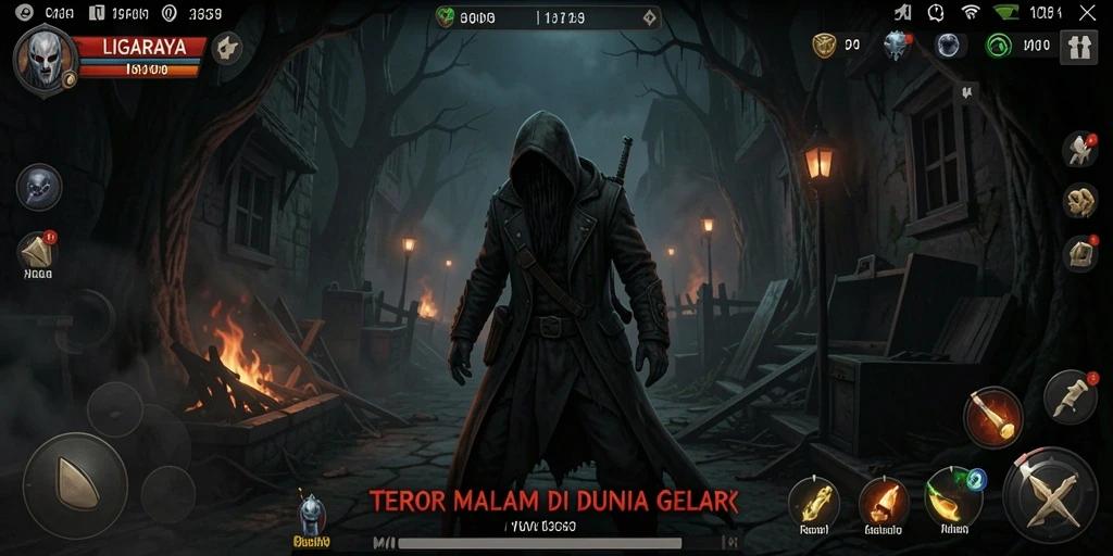 Screenshot gameplay mencerminkan kegelapan dan ketegangan di LIGARAYA.