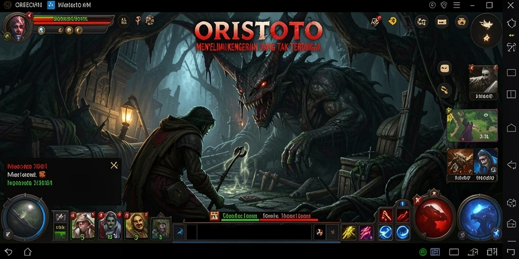 Screenshot utama ORISTOTO menampilkan karakter di tengah kegelapan yang mencekam.