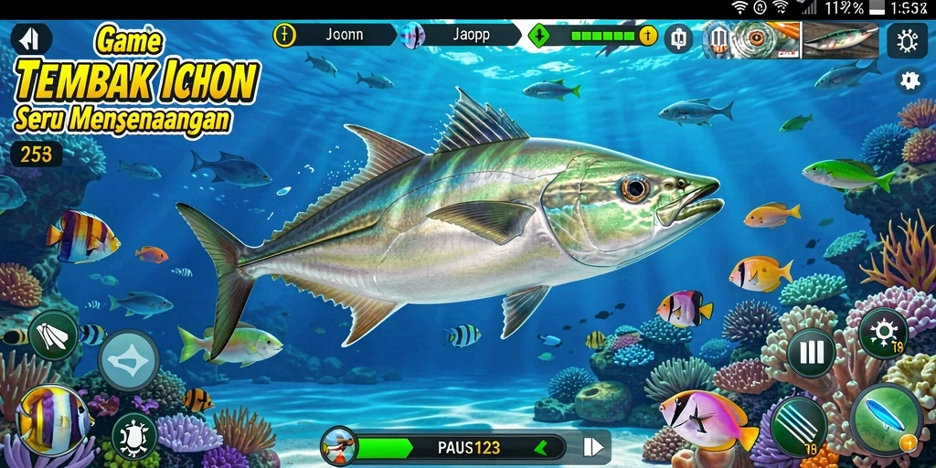 Tangkapan layar utama PAUS123 menunjukkan aksi menembak ikan yang seru.