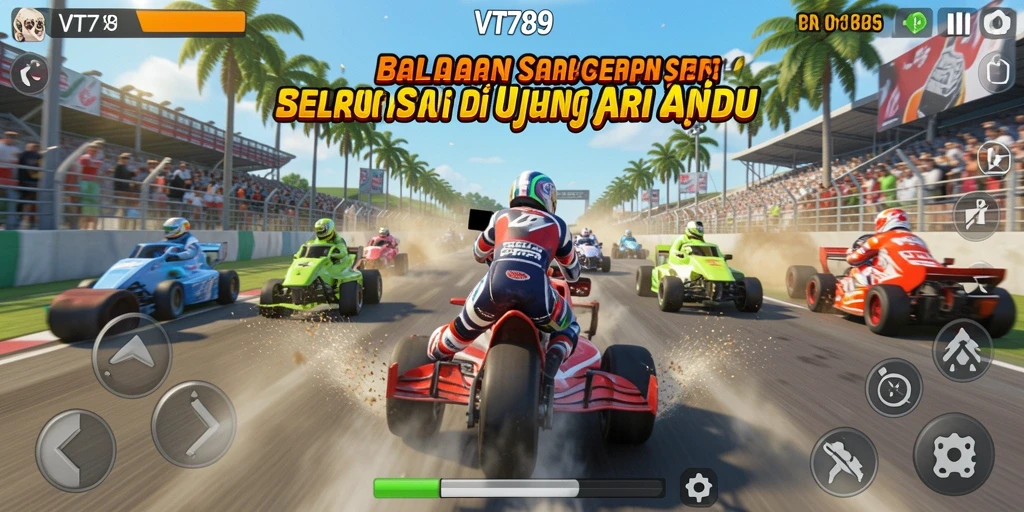 Tangkapan layar utama VT789 menampilkan aksi balapan yang mendebarkan.